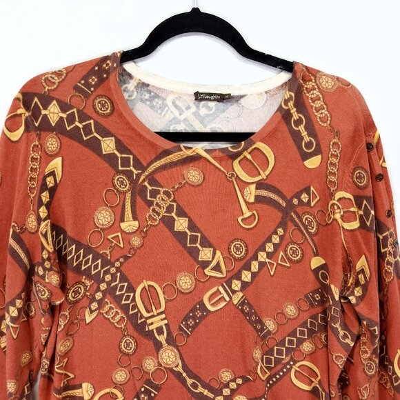 J. McLaughlin Long Sleeve Shirt Medium Ribbed Stretch Orange Gold Print - Picture 3 of 12